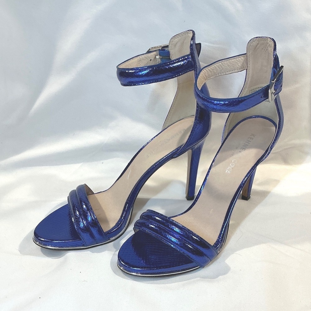 Kenneth Cole Brooke Metallic Blue Snakeskin Embossed‎ Ankle Strap Heels 7.5M